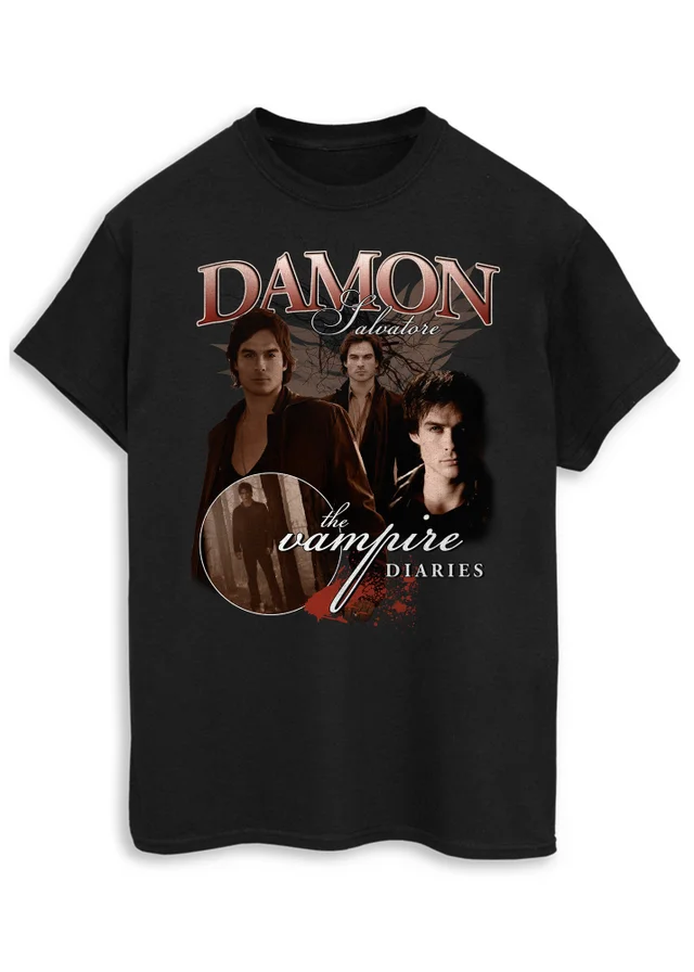 Spiral Galaxy The Vampire Diaries Damon Black Boyfriend Fit Graphic T-Shirt