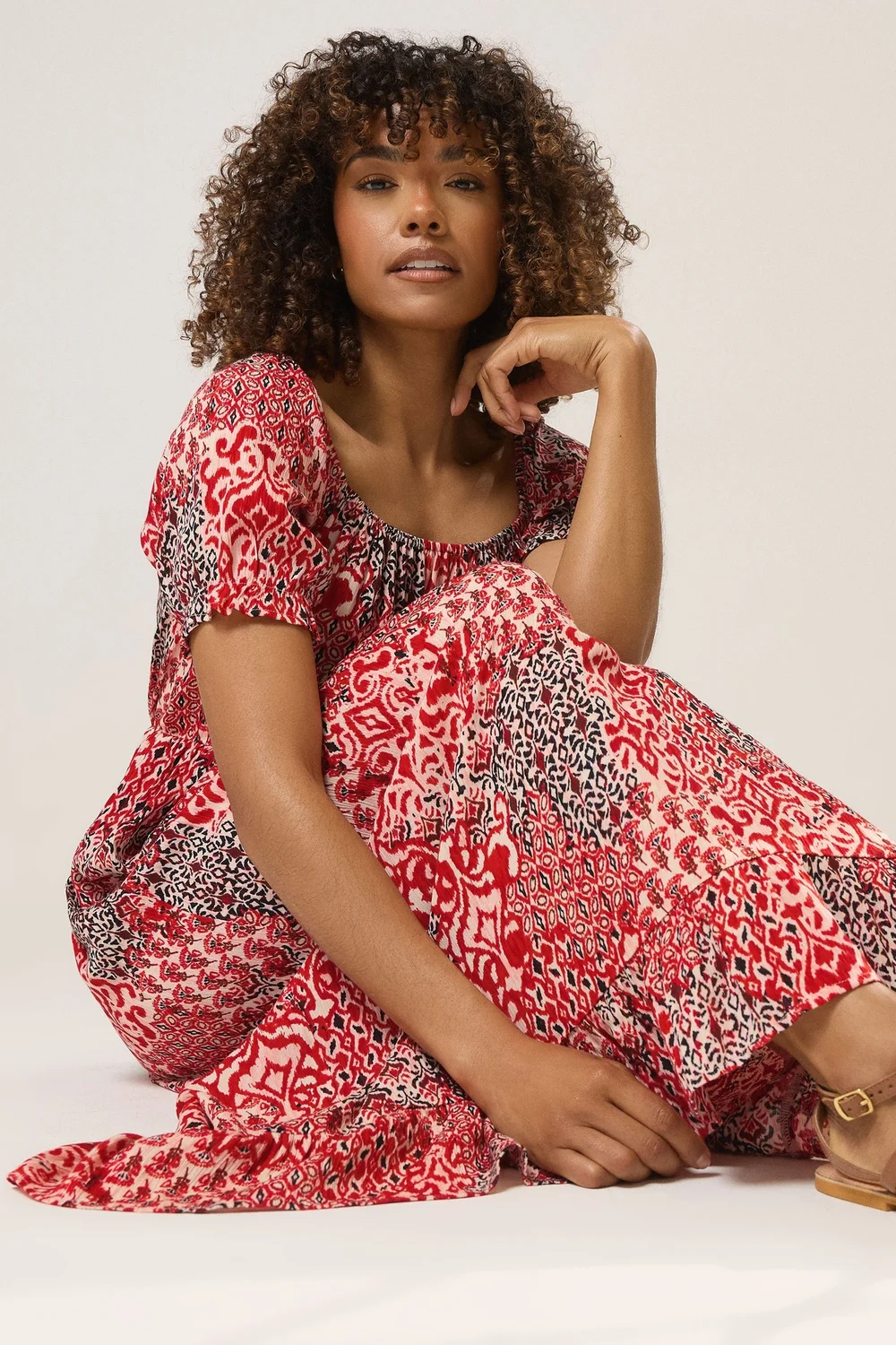 red boho midi dress Feinuhan Women's Shirred Long Sleeve Boho Dress A Line Ruffle Swing Midi Dress, Wine Red, Medium