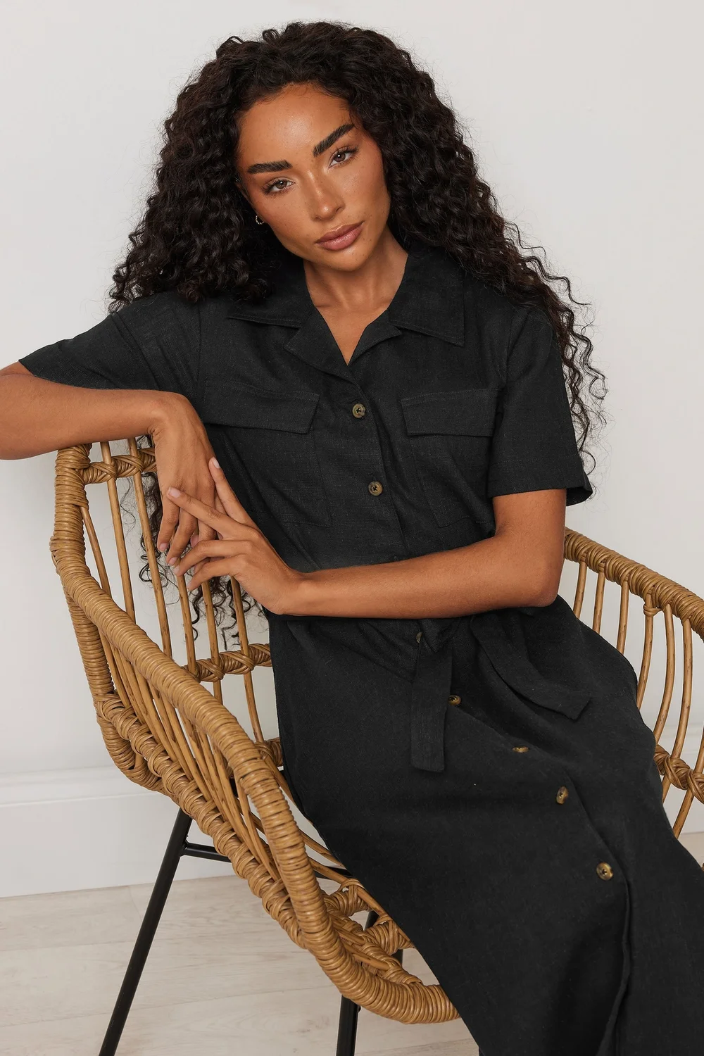 linen shirt dress black Womens Cotton Linen Maxi Shirt Dress Long Sleeve Loose Fit Swing Hem Pleated Tunic Dress Deep V Neck Solid Color Baggy Flowy Shift Dress Summer Casual Black Plus Size Long Dresses S