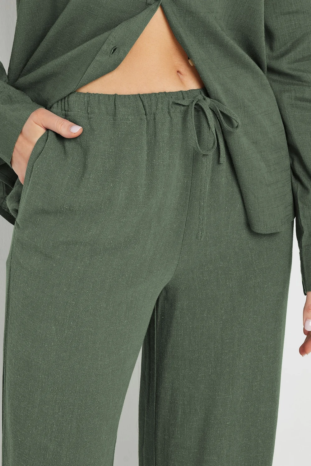 Long Tall Sally Khaki Green Linen Tie Waist Trousers - Size 18, Leg 34 Image 4