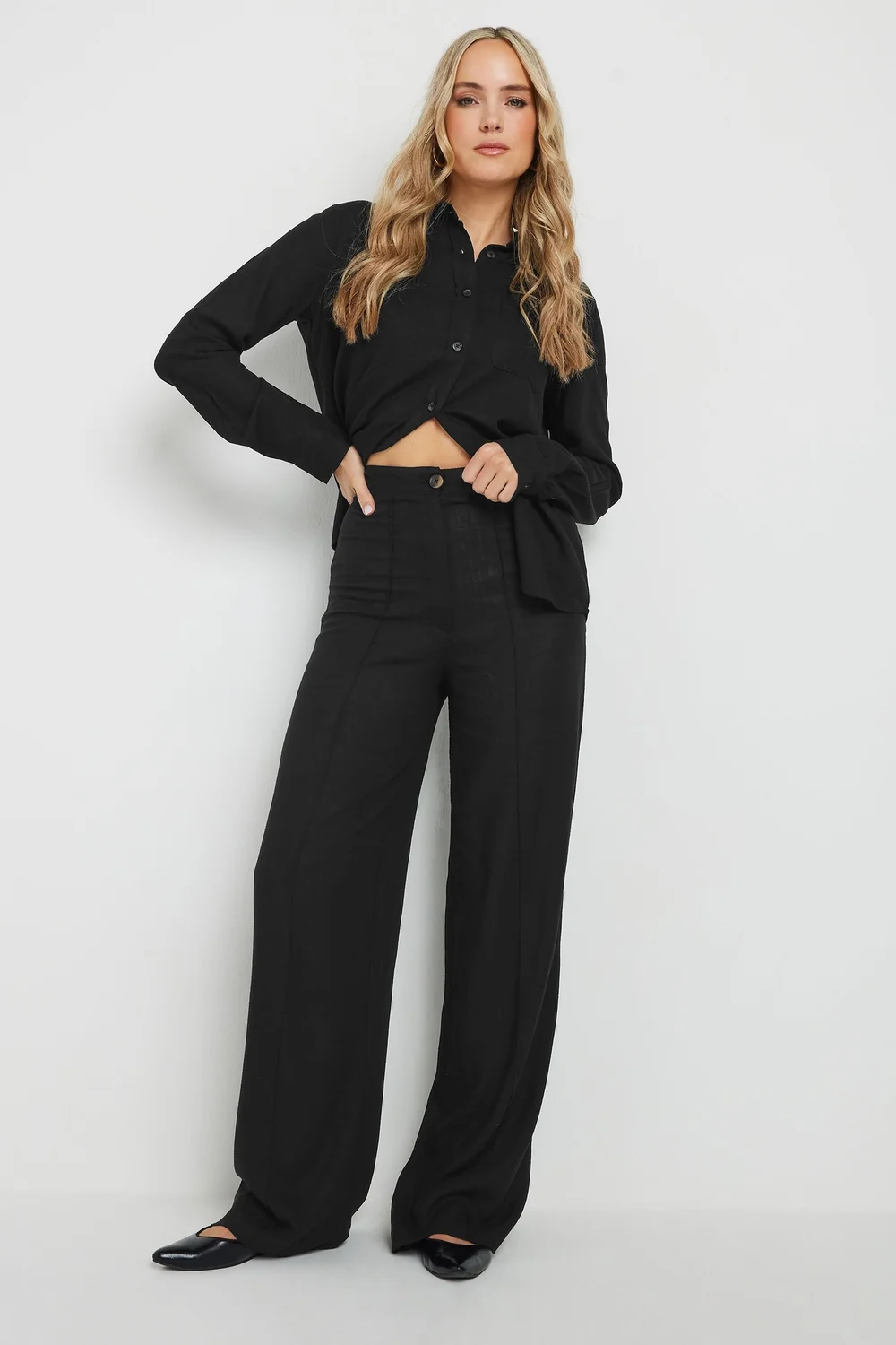 Long Tall Sally Black Linen Pleated Wide Leg Trousers - Size 16, Leg 34 Image 1