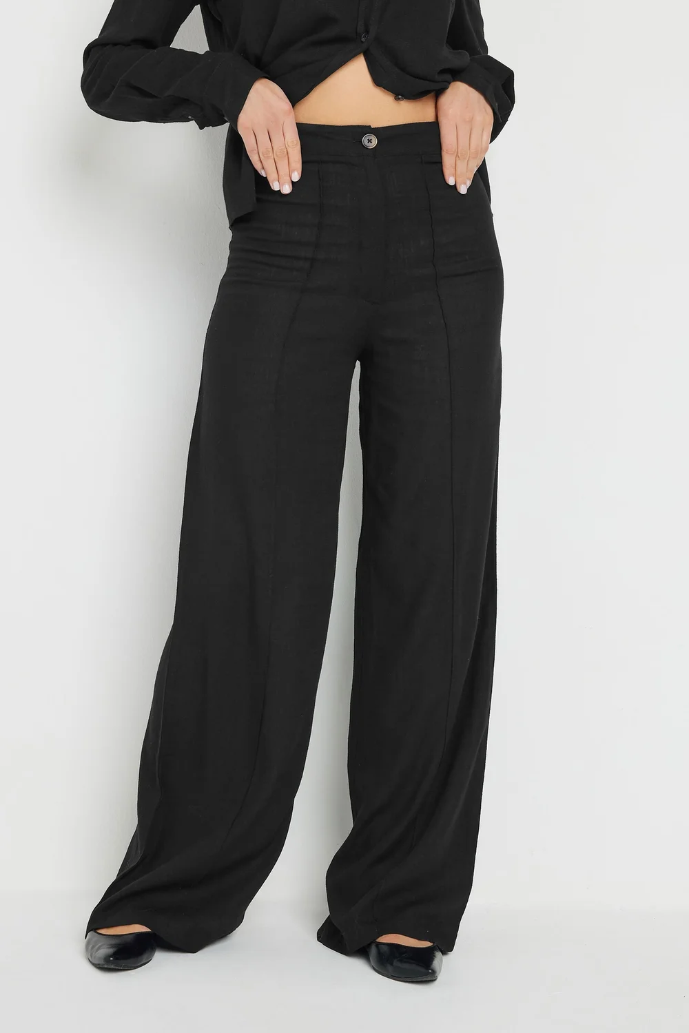Long Tall Sally Black Linen Pleated Wide Leg Trousers - Size 16, Leg 34 Image 2