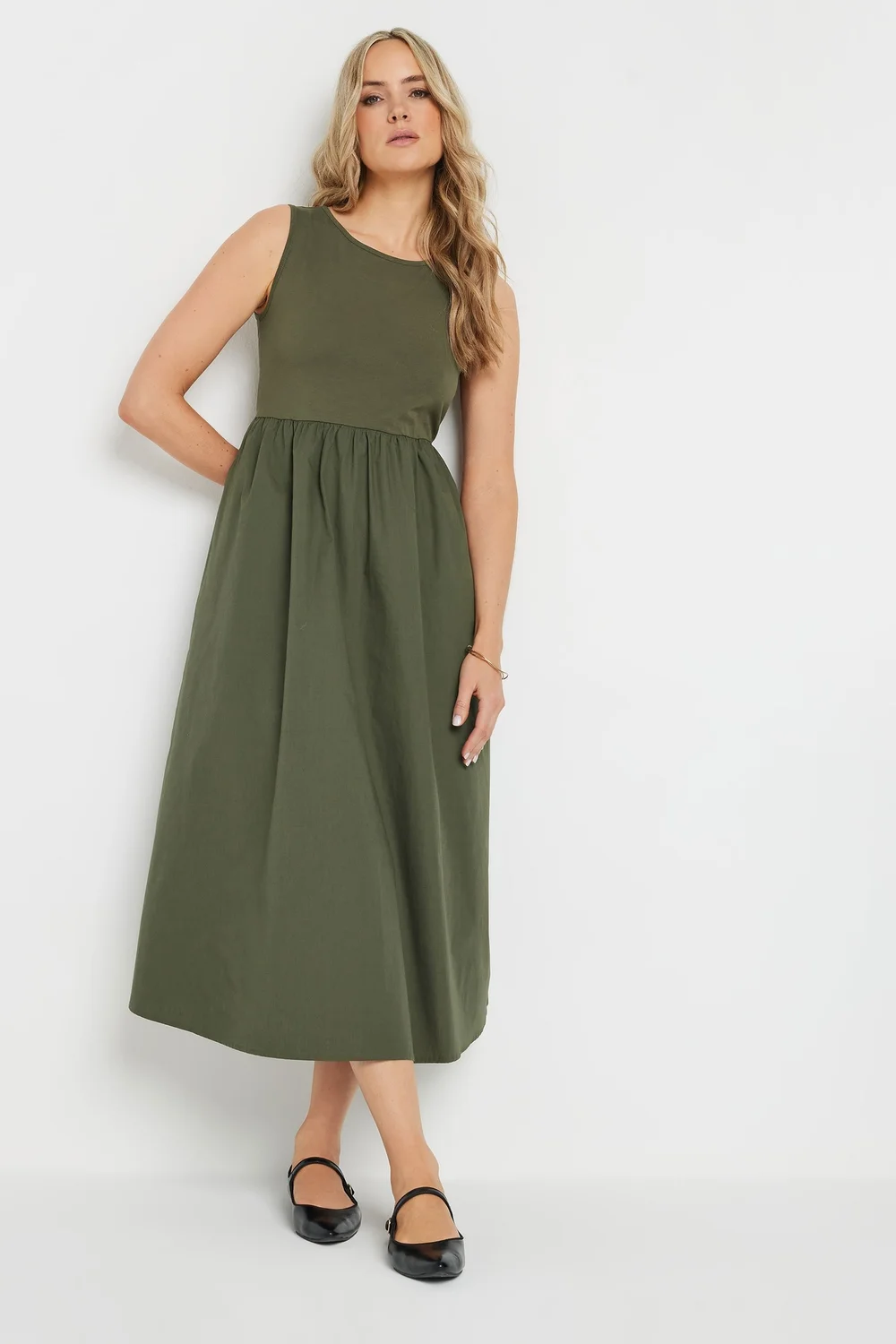 Long Tall Sally Khaki Green Jersey & Woven Mix Fabric Midi Dress - 8 Image 3