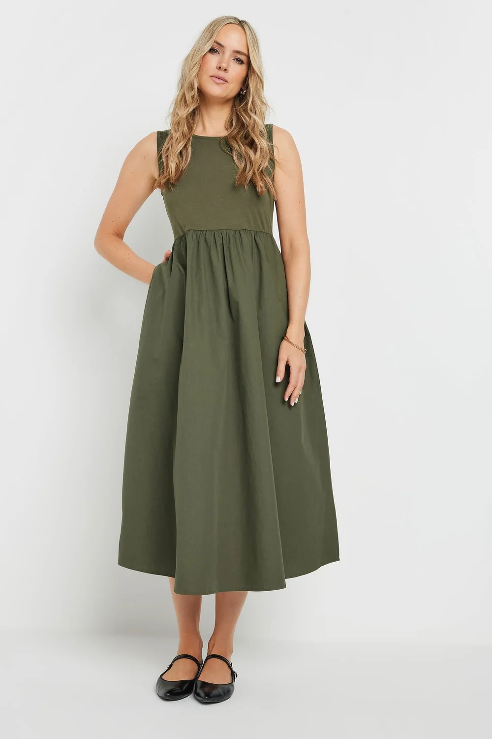 Long Tall Sally Khaki Green Jersey & Woven Mix Fabric Midi Dress - 8 Image 2