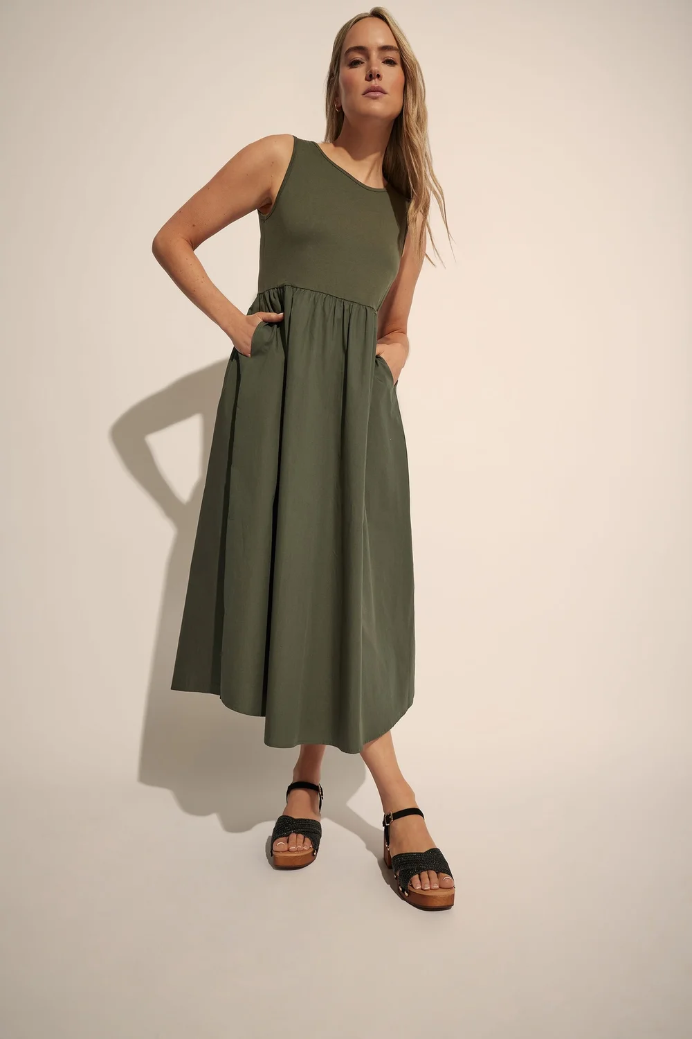 Long Tall Sally Khaki Green Jersey & Woven Mix Fabric Midi Dress - 8 Image 1