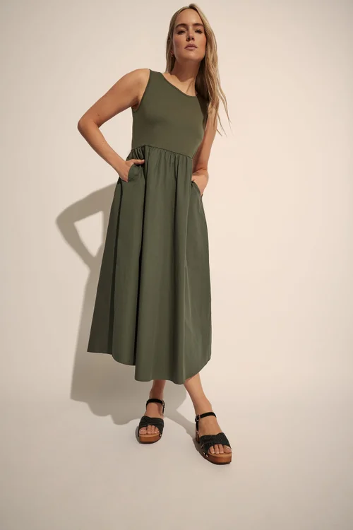 Long Tall Sally Khaki Green Jersey & Woven Mix Fabric Midi Dress - 8 Image 1