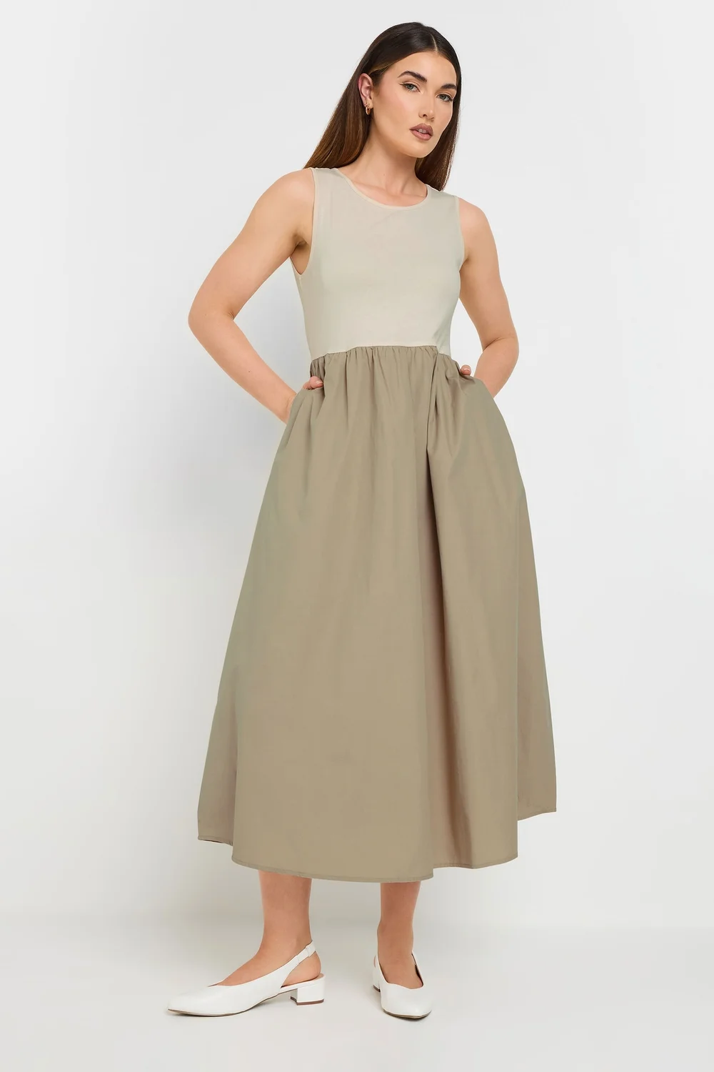 Long Tall Sally Beige Brown Jersey & Woven Mix Fabric Midi Dress - 8 Image 2