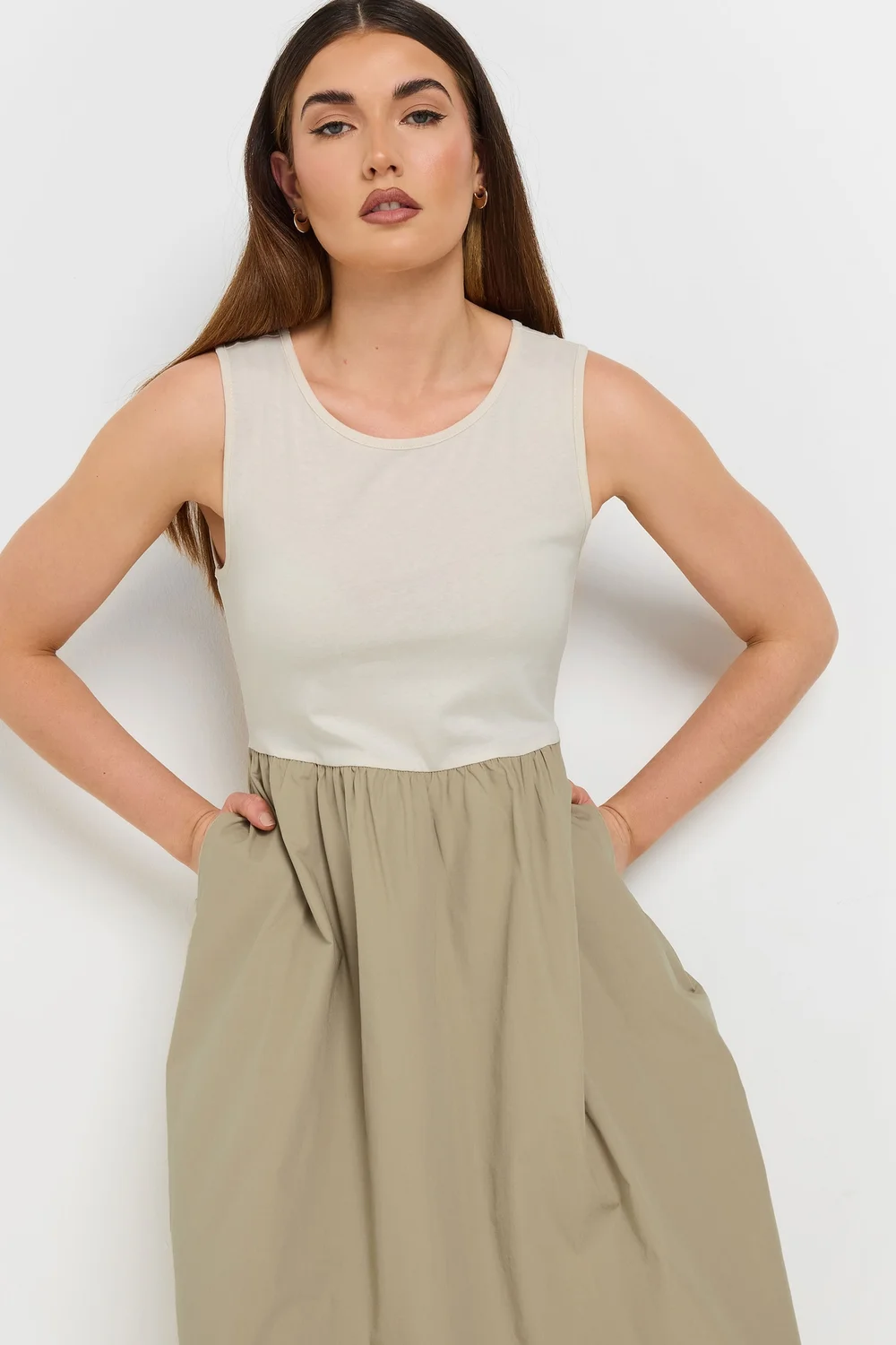 Long Tall Sally Beige Brown Jersey & Woven Mix Fabric Midi Dress - 8 Image 5