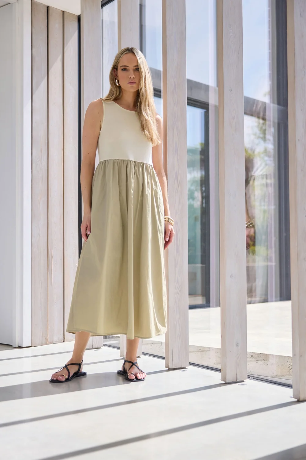 Long Tall Sally Beige Brown Jersey & Woven Mix Fabric Midi Dress - 8 Image 1