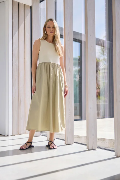 Long Tall Sally Beige Brown Jersey & Woven Mix Fabric Midi Dress - 8 Image 1