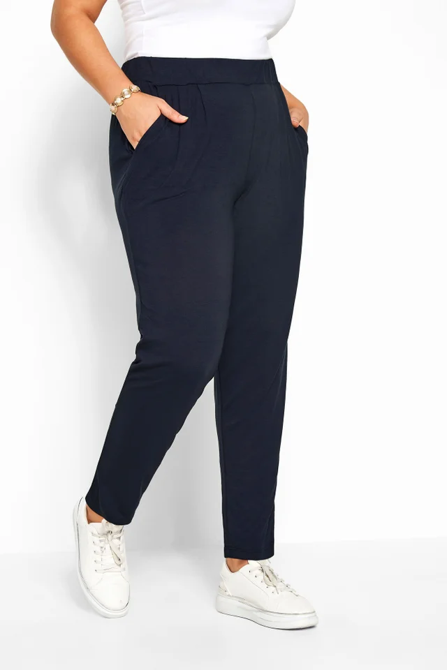 Yours Curve Navy Blue Double Pleat Stretch Jersey Joggers