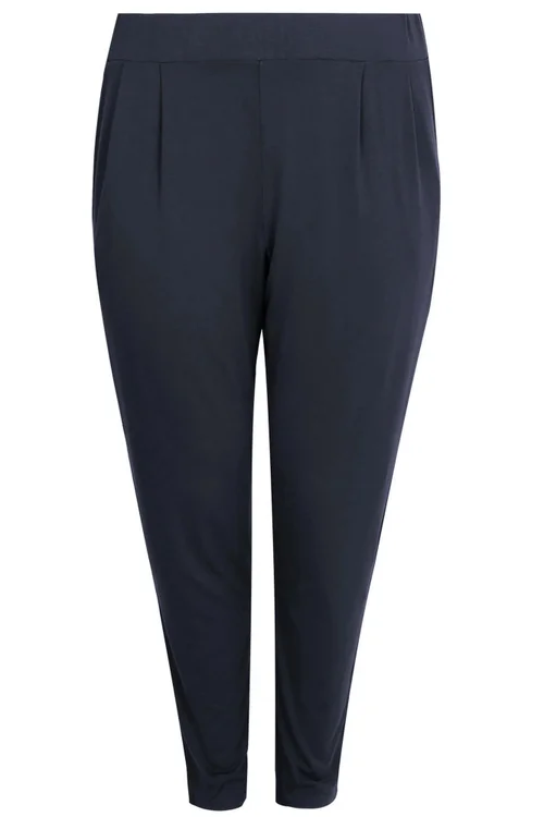 Yours Curve Navy Blue Double Pleat Stretch Jersey Joggers - 34-36 Image 4