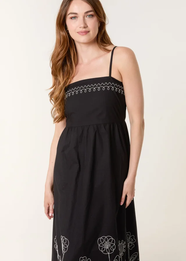 Blue Vanilla Black Strappy Floral Embroidered Cotton Midi Dress