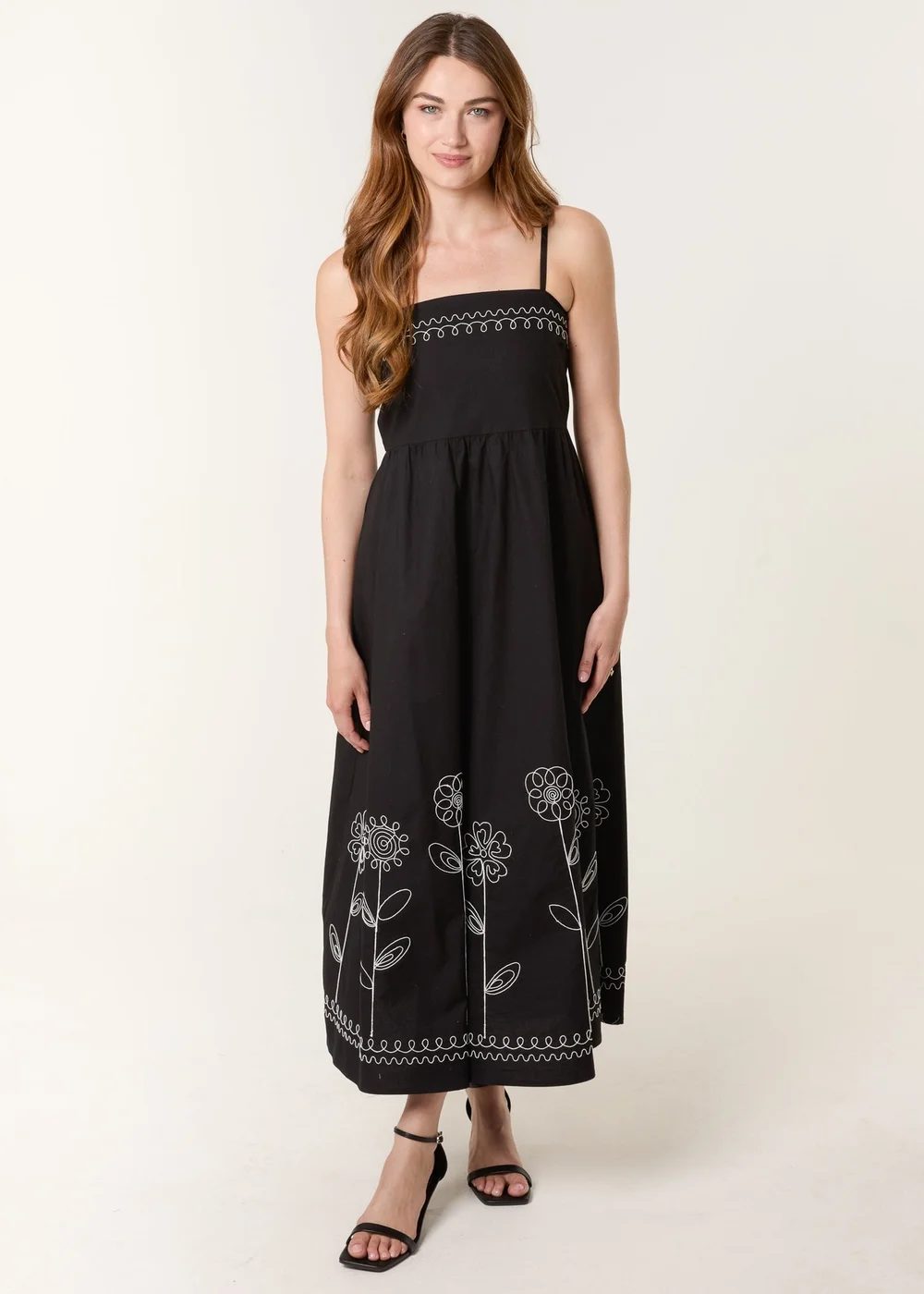 Blue Vanilla Black Strappy Floral Embroidered Cotton Midi Dress - M/L Image 3