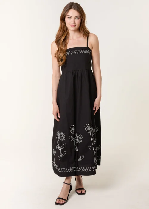 Blue Vanilla Black Strappy Floral Embroidered Cotton Midi Dress - M/L Image 3