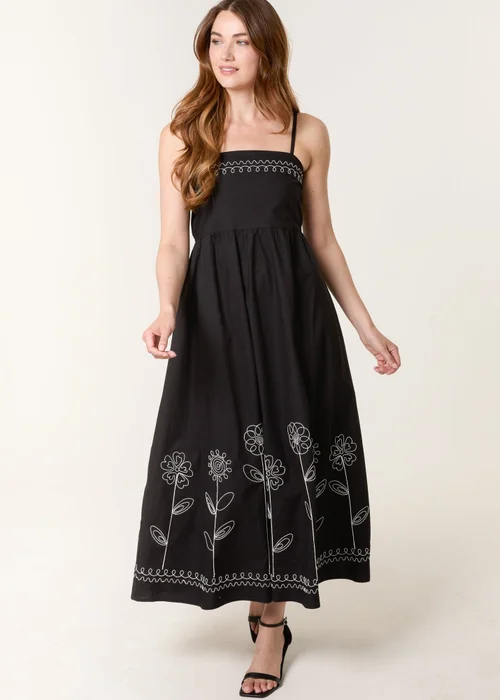 Blue Vanilla Black Strappy Floral Embroidered Cotton Midi Dress - M/L Image 1