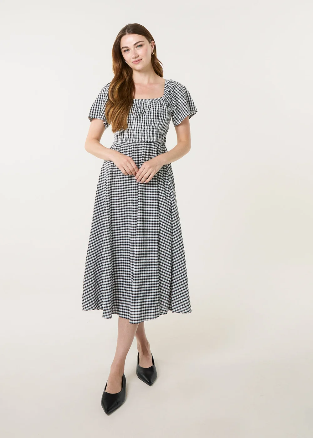Blue Vanilla Brown Shirred Gingham Midi Dress - L/XL Image 1
