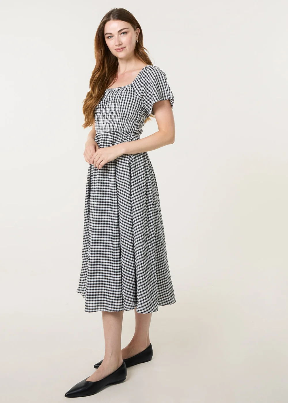 Blue Vanilla Brown Shirred Gingham Midi Dress - L/XL Image 2