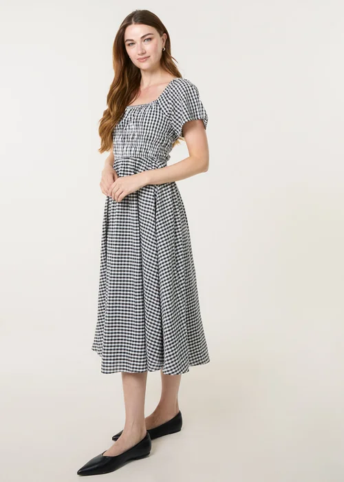 Blue Vanilla Brown Shirred Gingham Midi Dress - L/XL Image 2