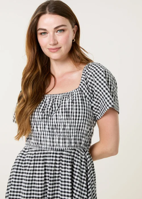 Blue Vanilla Brown Shirred Gingham Midi Dress - L/XL Image 3