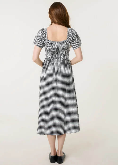 Blue Vanilla Brown Shirred Gingham Midi Dress - L/XL Image 4