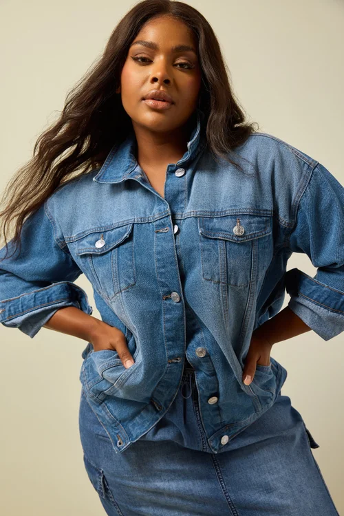 Yours Curve Blue Washed Oversized Denim Jacket - 18 Image 1