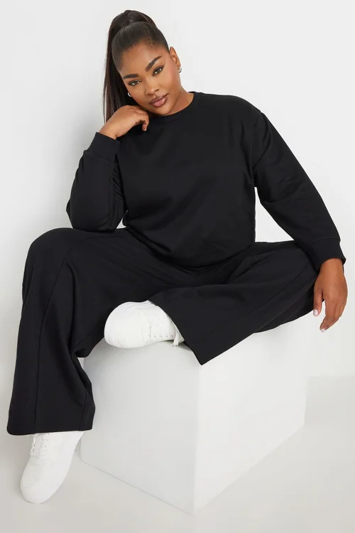 YOURS Curve Black Sweatshirt & Wide Leg Jogger Set - 30-32 Image 1