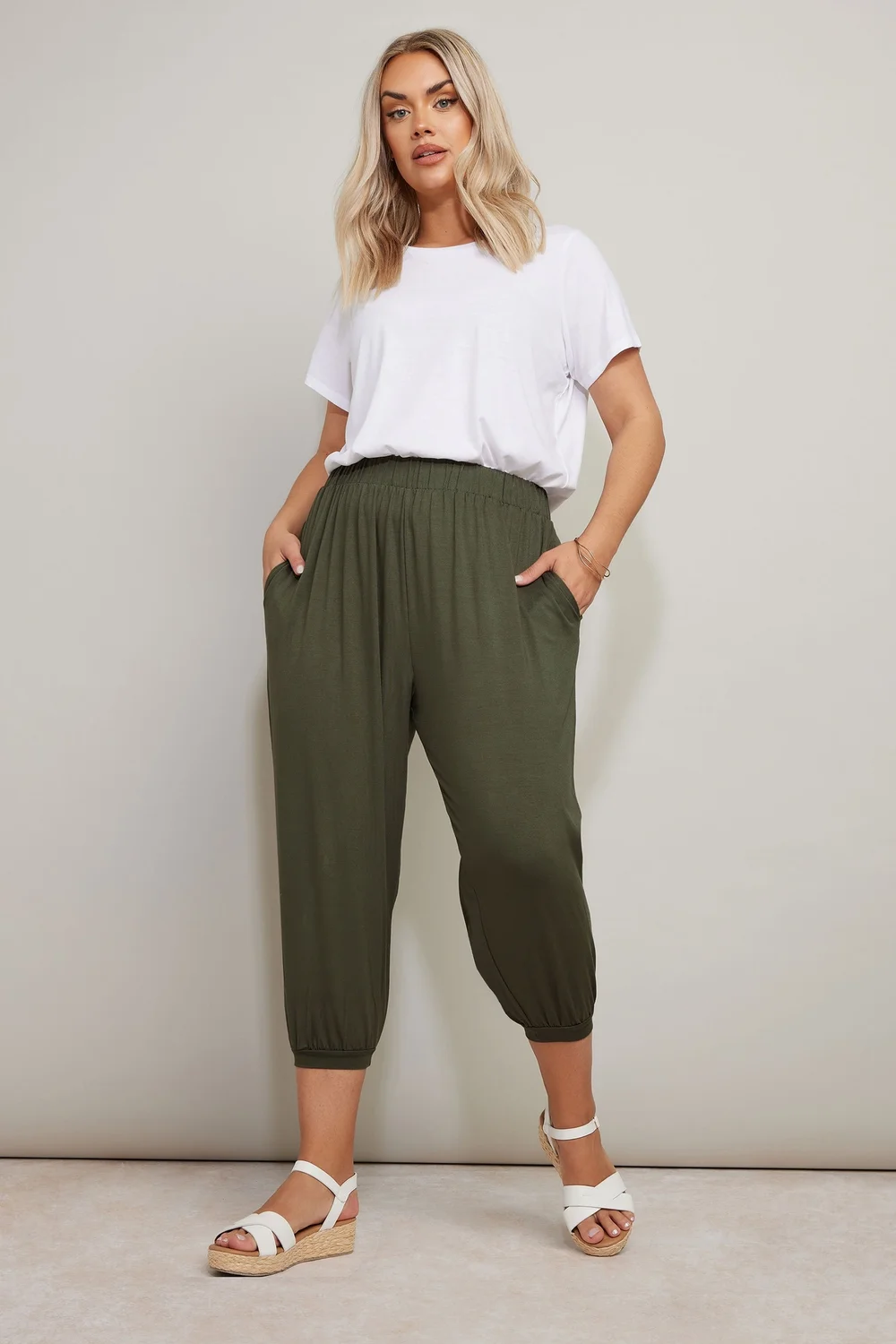 Yours Curve Khaki Green Jersey Cropped Harem Trousers - 26-28 Image 2
