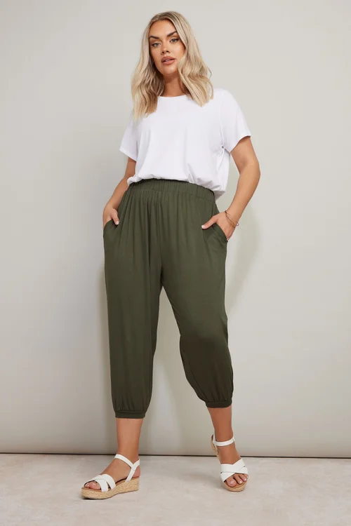 Yours Curve Khaki Green Jersey Cropped Harem Trousers - 26-28 Image 2