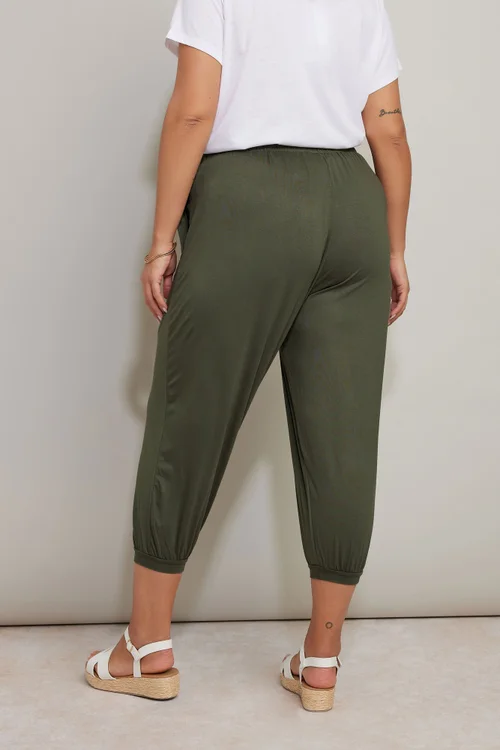 Yours Curve Khaki Green Jersey Cropped Harem Trousers - 26-28 Image 3