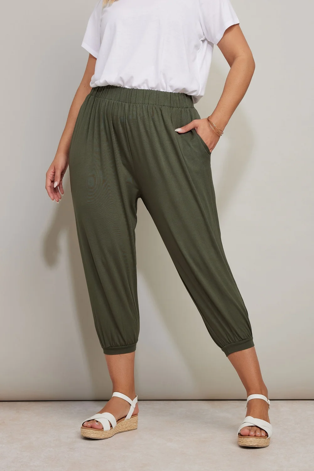 Yours Curve Khaki Green Jersey Cropped Harem Trousers - 26-28 Image 1