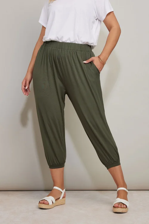 Yours Curve Khaki Green Jersey Cropped Harem Trousers - 26-28 Image 1