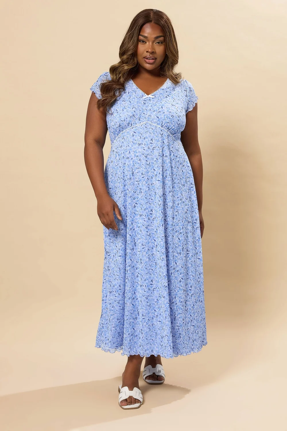Yours Curve Blue Ditsy Floral Mesh A-Line Dress - 16 Yours Curve Blue Ditsy Floral Mesh A-Line Dress - 16