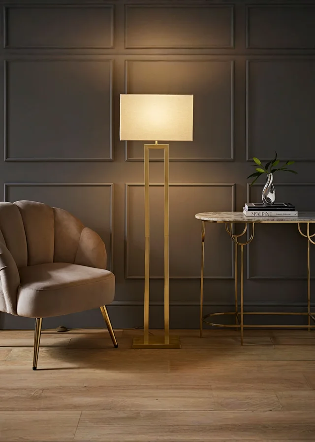 ValueLights Gloria Gold Double Stem Metal Floor Lamp with Rectangular Lampshade