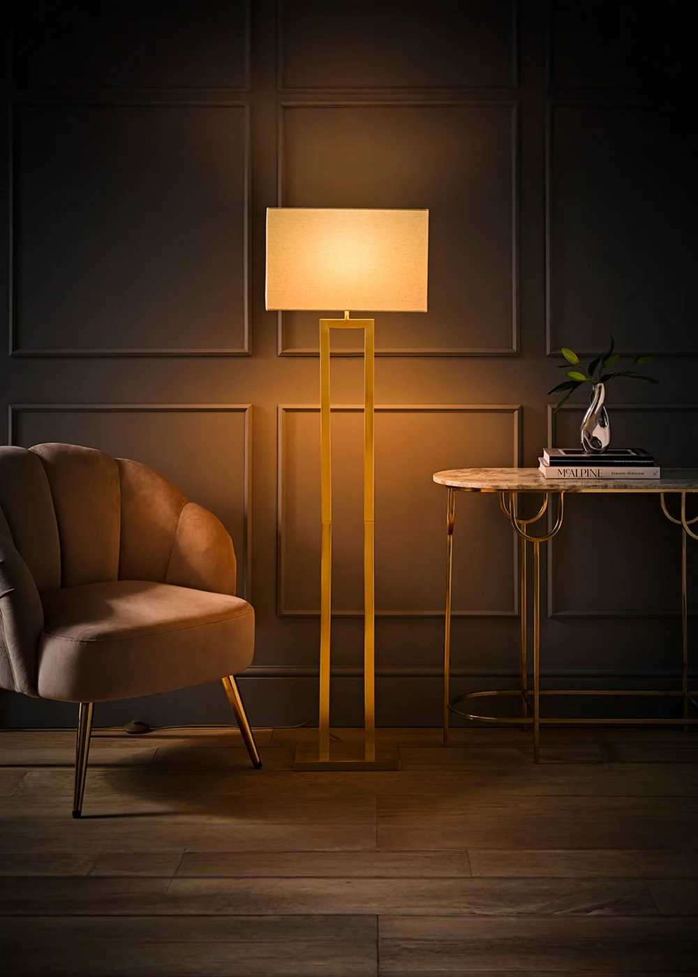 ValueLights Gloria Gold Double Stem Metal Floor Lamp with Rectangular Lampshade - One Size Image 2