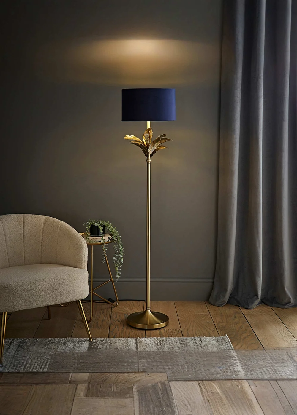 ValueLights Christina Gold Palm Leaf Floor Lamp Navy Velvet Lampshade - One Size Image 1