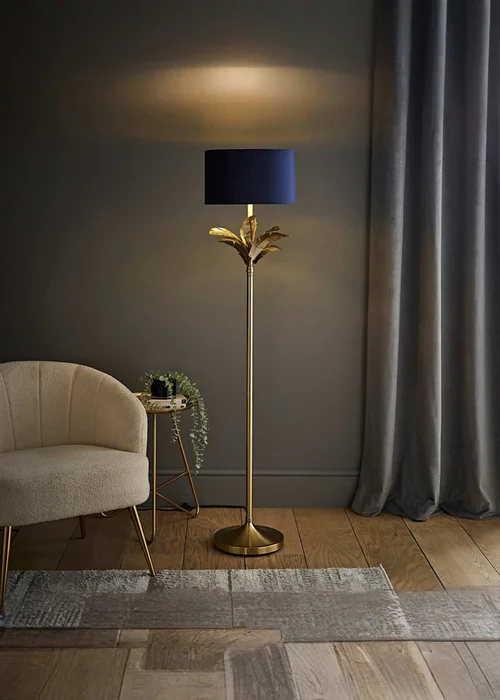 ValueLights Christina Gold Palm Leaf Floor Lamp Navy Velvet Lampshade - One Size Image 1