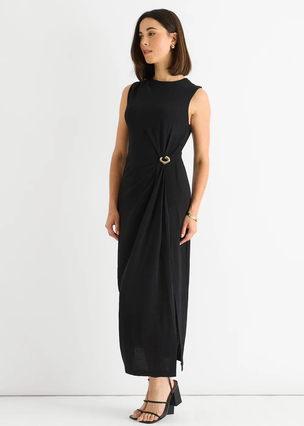 Gini London Black Waist Ruched Metal Trim Sleeveless Midi Dress - 8 Image 4