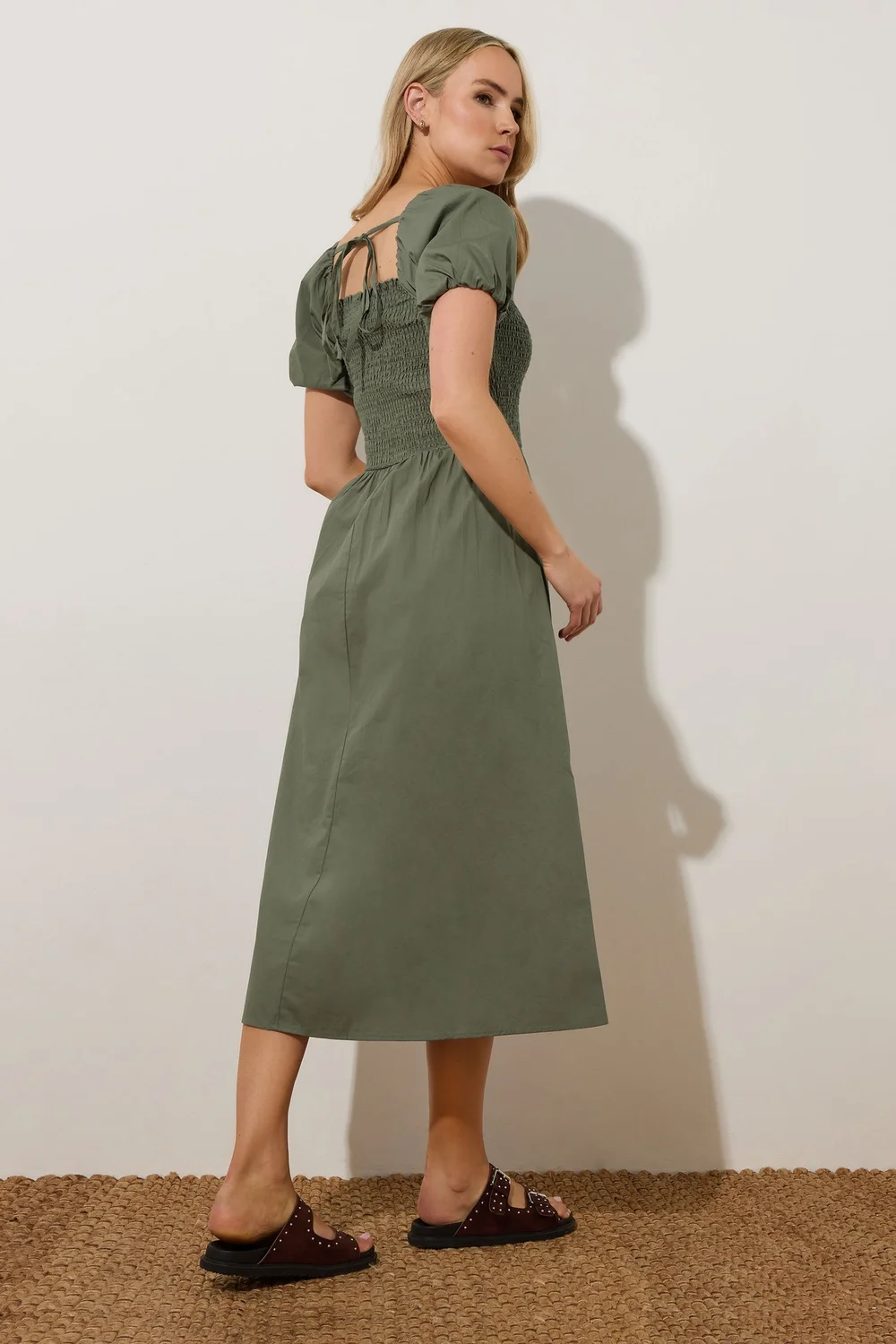 Long Tall Sally Khaki Green Shirred Puff Sleeve Midi Dress - 8 | Matalan Long Tall Sally Khaki Green Shirred Puff Sleeve Midi Dress - 8 | Matalan