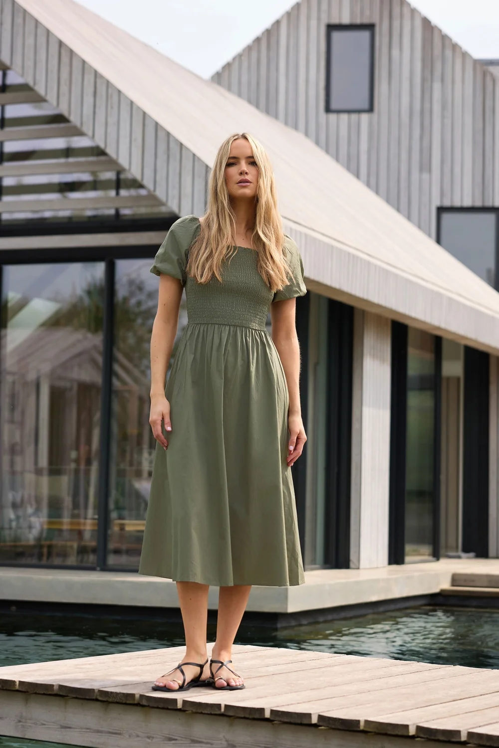 Long Tall Sally Khaki Green Shirred Puff Sleeve Midi Dress - 8 | Matalan Long Tall Sally Khaki Green Shirred Puff Sleeve Midi Dress - 8 | Matalan