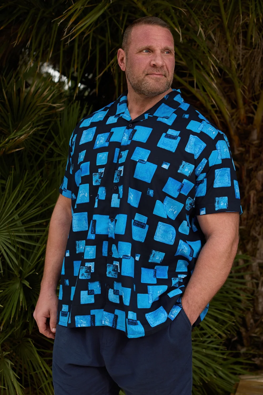 BadRhino Navy Blue Square Print Short Sleeve Revere Collar Shirt - 3XL Image 1