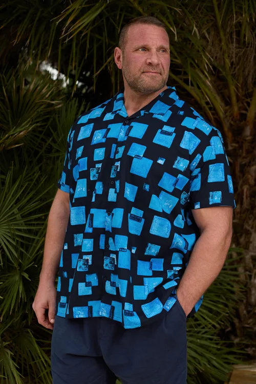 BadRhino Navy Blue Square Print Short Sleeve Revere Collar Shirt - 3XL Image 1