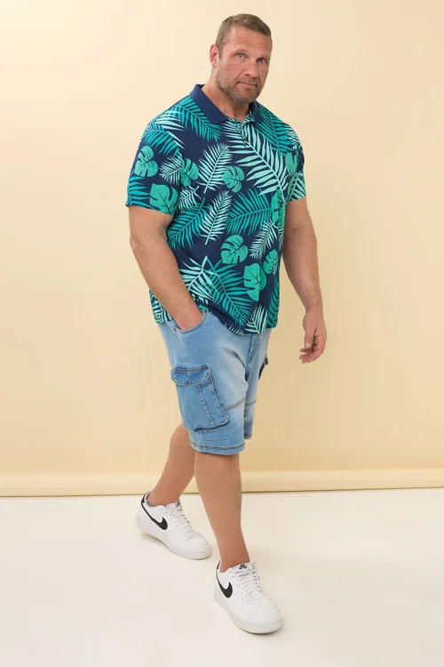 BadRhino Navy Blue Leaf Print Polo Shirt - 7-8XL Image 3