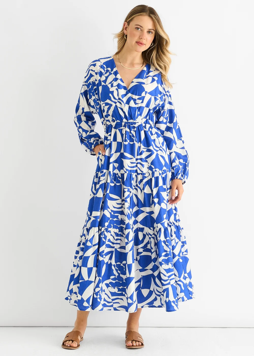 Gini London Blue Abstract Wrap Elasticated Waist Midaxi Dress - M/L Image 1
