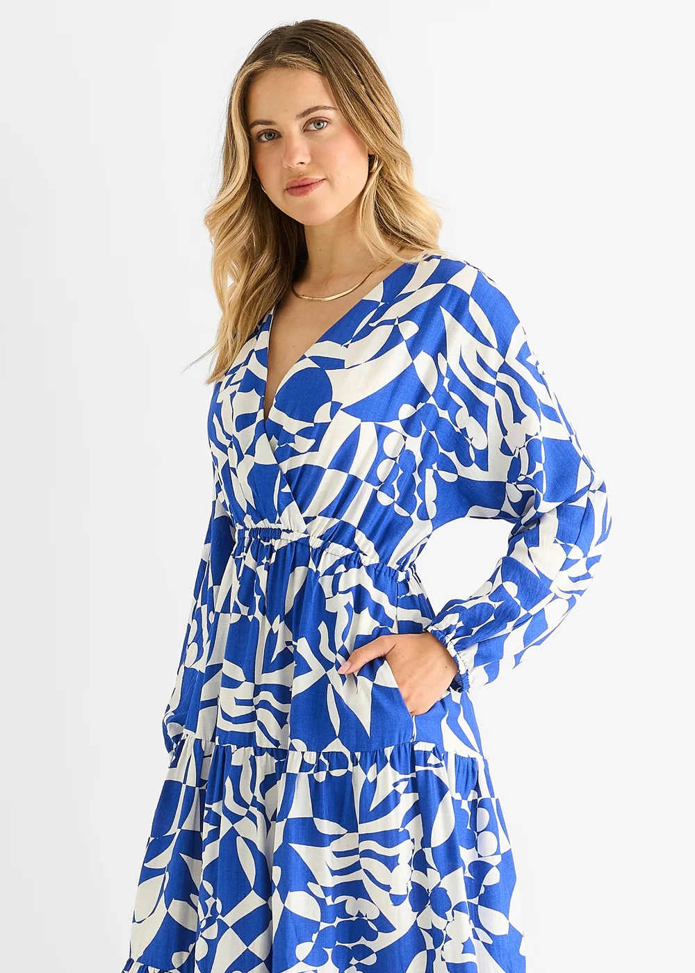 Gini London Blue Abstract Wrap Elasticated Waist Midaxi Dress - M/L Image 3
