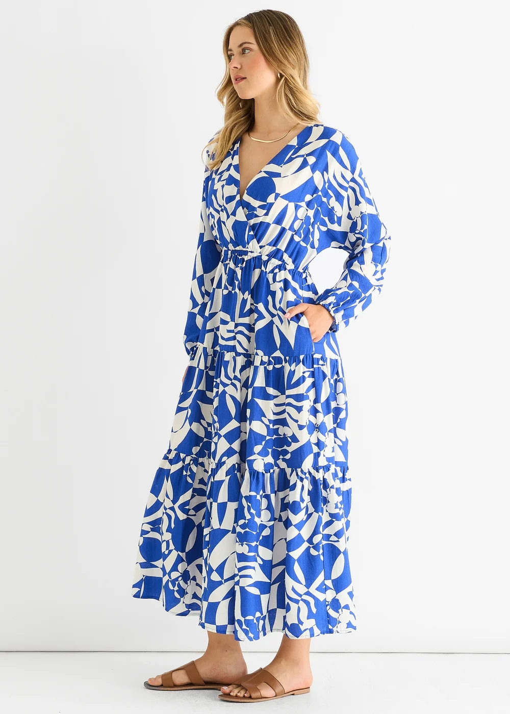 Gini London Blue Abstract Wrap Elasticated Waist Midaxi Dress - M/L Image 4