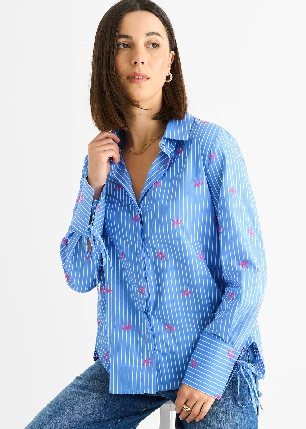 Gini London Blue Bow Embroidered Extreme Cuff Stripe Shirt - 14 Image 4