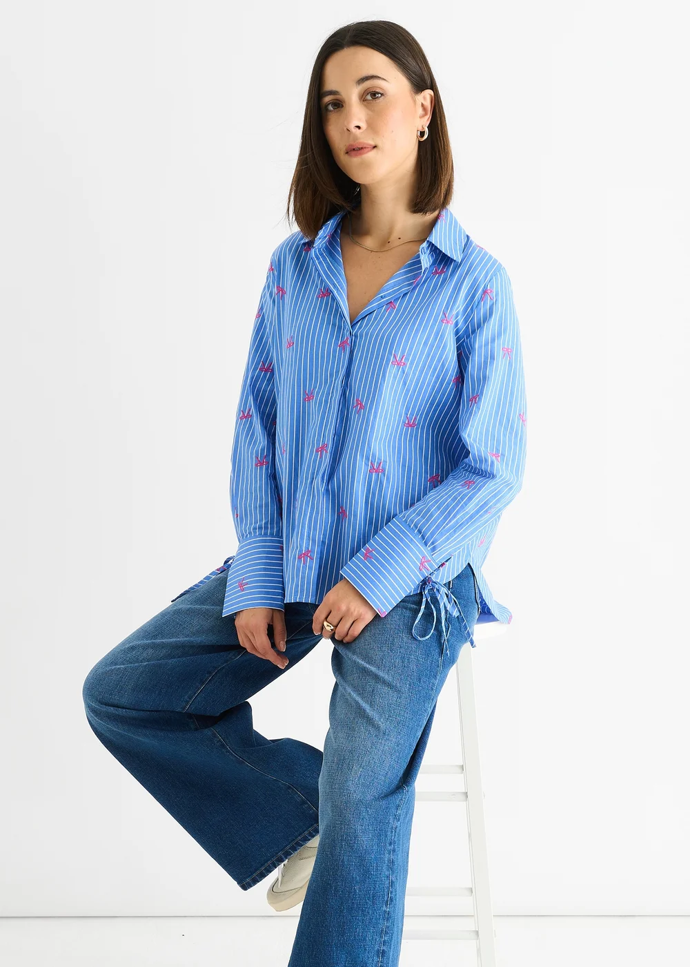 Gini London Blue Bow Embroidered Extreme Cuff Stripe Shirt - 14 Image 5