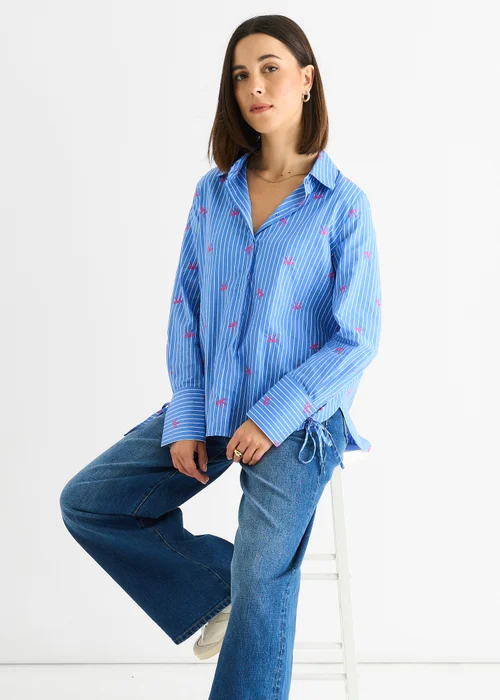 Gini London Blue Bow Embroidered Extreme Cuff Stripe Shirt - 14 Image 5