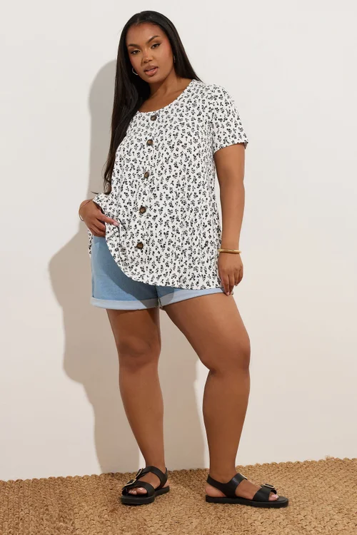 Yours Curve White Ditsy Floral Ribbed Swing T-Shirt - 18 Image 3